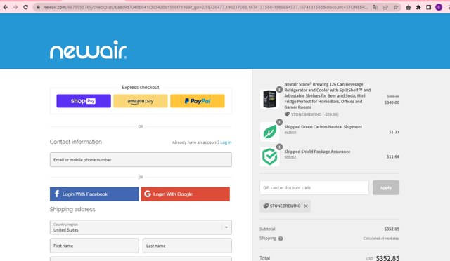 Newair checkout page showing Newair discount code box | Screenshot taken by SimplyCodes community member on Jan 19, 2023
