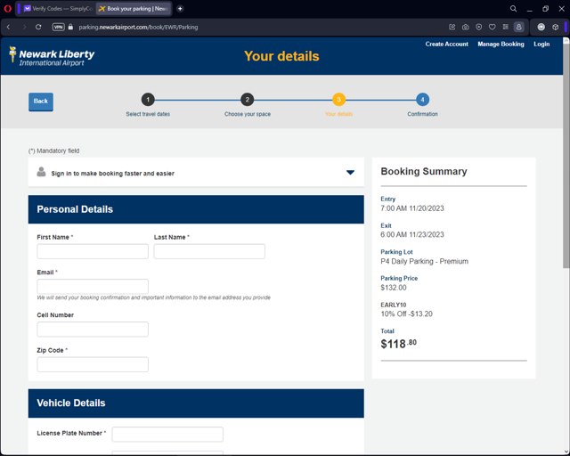 Newark Airport Parking checkout page showing Newark Airport Parking promo code box | Screenshot taken by SimplyCodes community member on Nov 3, 2023