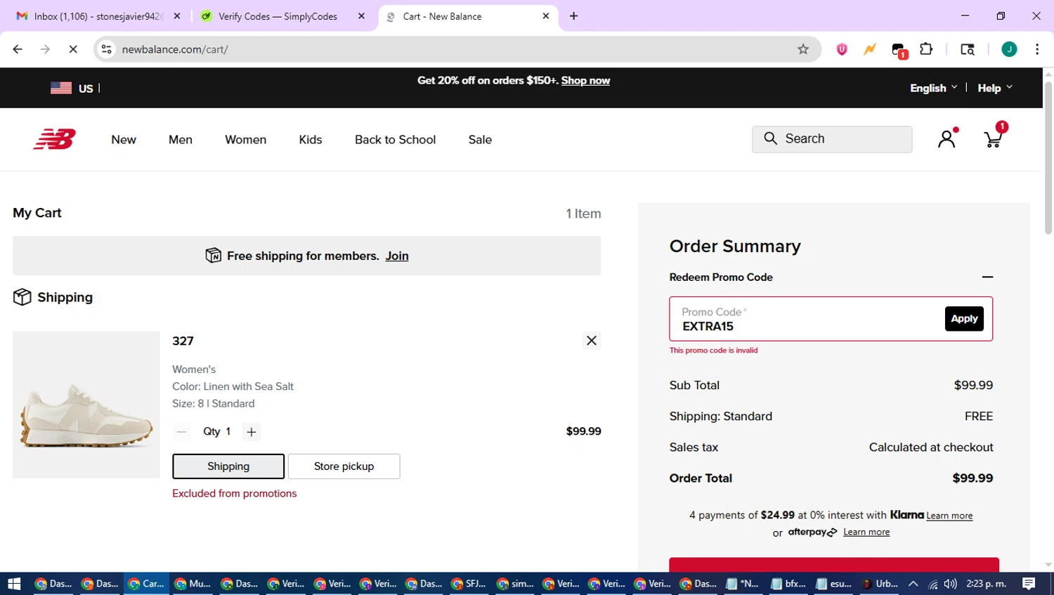New Balance promo code screenshot showing code EXTRA15 applied at New Balance checkout page. Uploaded by SimplyCodes community member SavvyCurator1770 on Jul 19, 2025