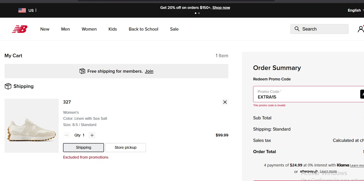 New Balance promo code screenshot showing code EXTRA15 applied at New Balance checkout page. Uploaded by SimplyCodes community member Trump23 on Jul 19, 2025