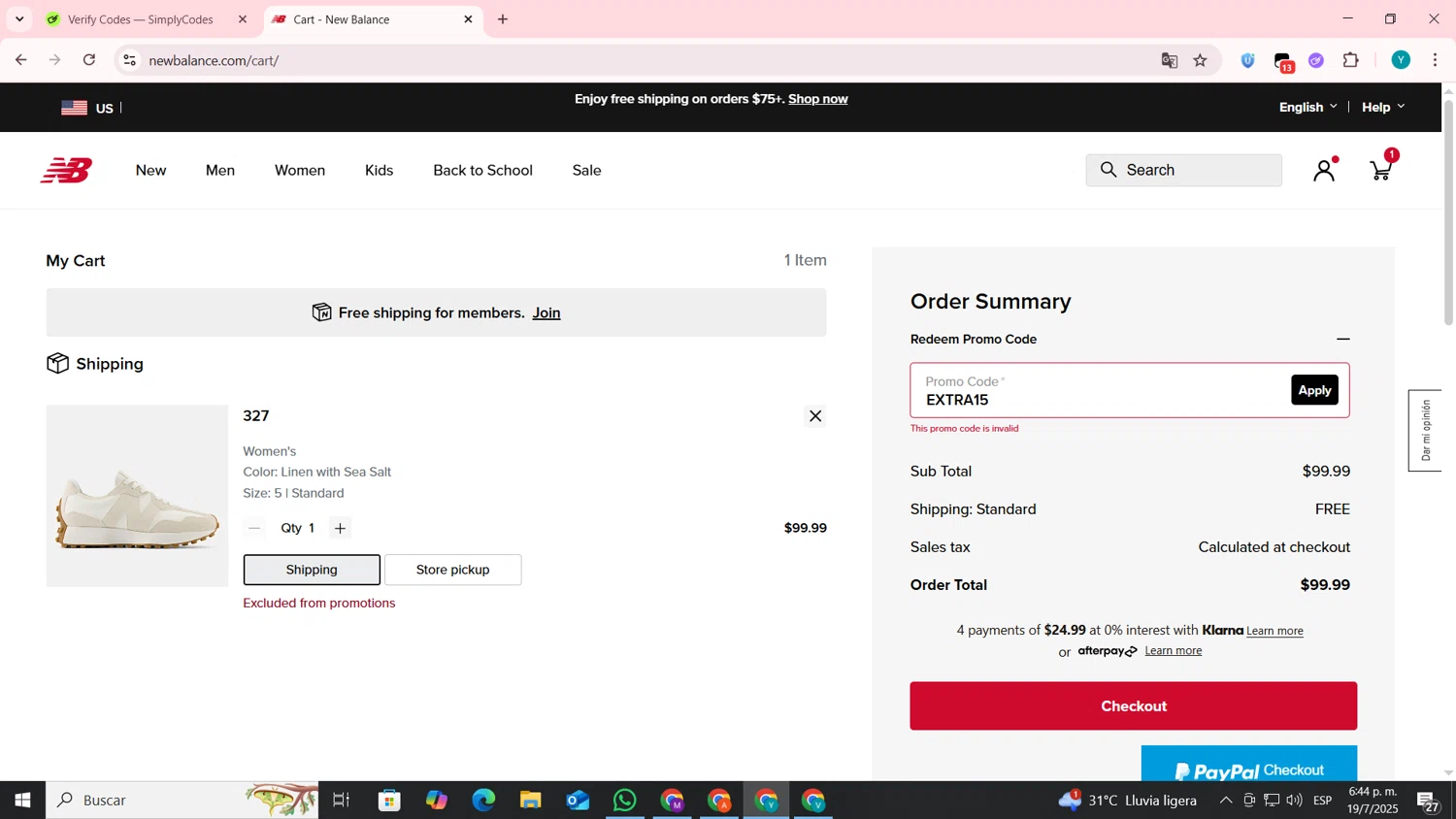 New Balance promo code screenshot showing code EXTRA15 applied at New Balance checkout page. Uploaded by SimplyCodes community member codygakpo on Jul 19, 2025