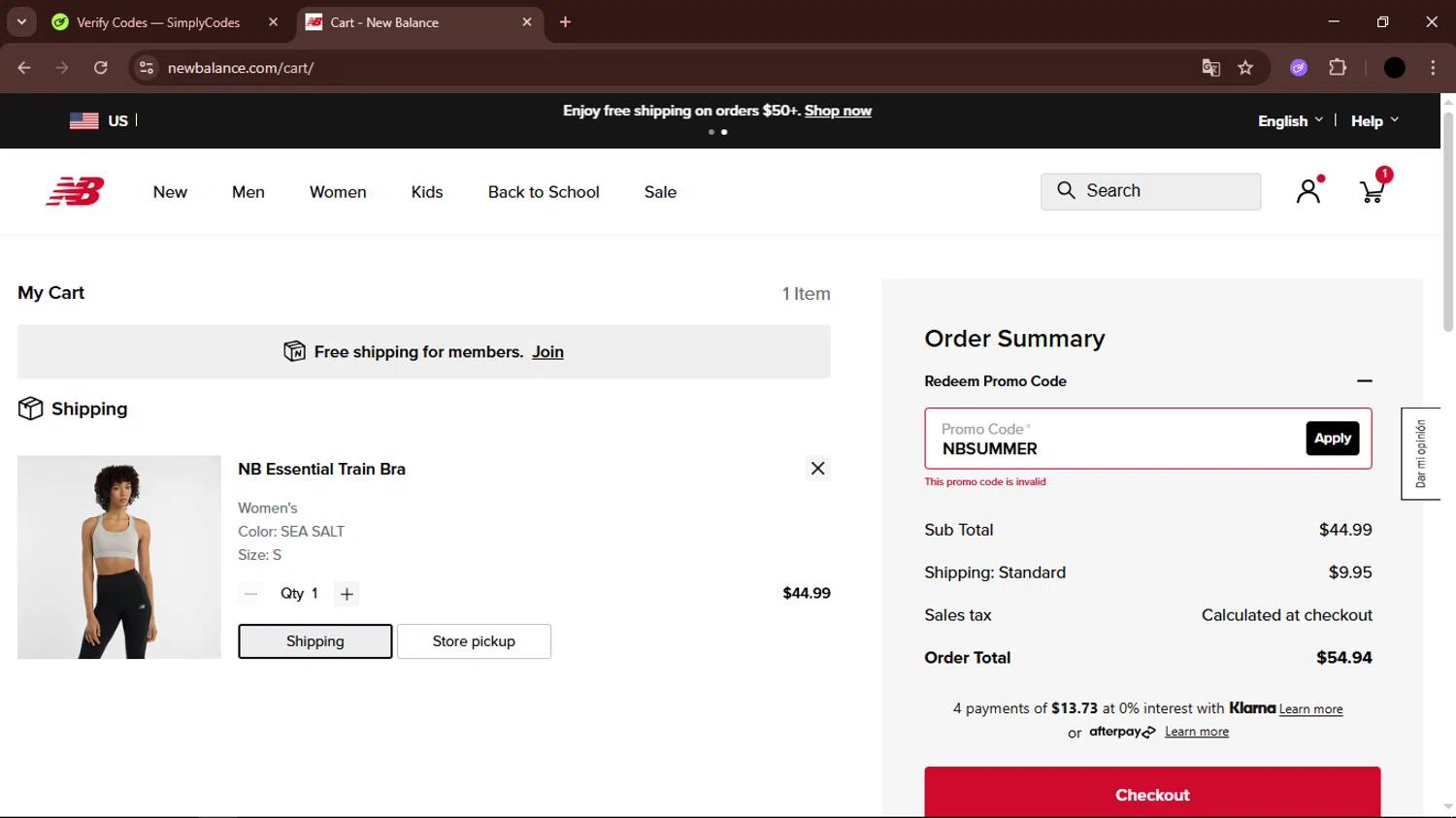 New Balance promo code screenshot showing code NBSUMMER applied at New Balance checkout page. Uploaded by SimplyCodes community member FrugalTiger5589 on Aug 1, 2025