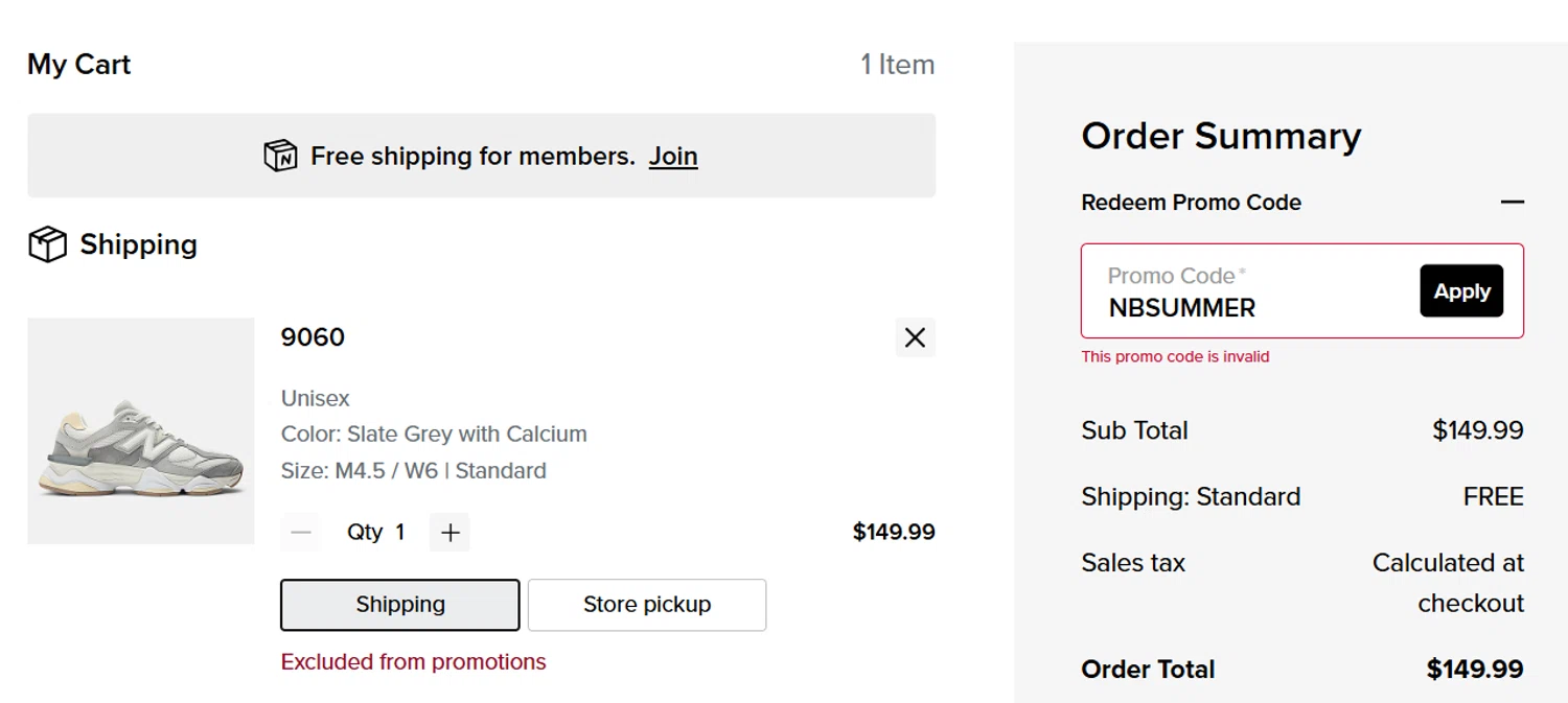New Balance promo code screenshot showing code NBSUMMER applied at New Balance checkout page. Uploaded by SimplyCodes community member manuel61escobar on Aug 1, 2025