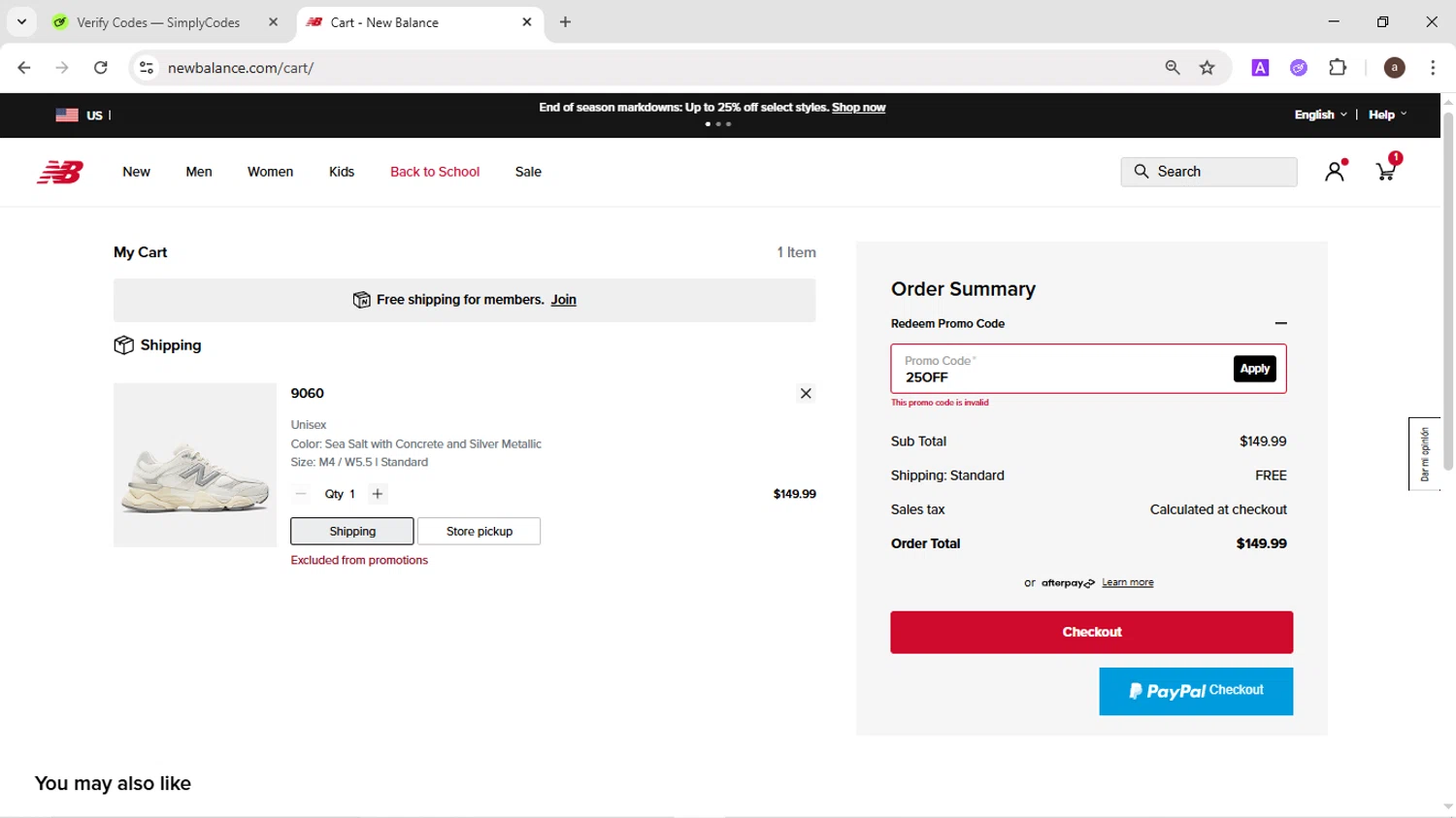 New Balance promo code screenshot showing code 25OFF applied at New Balance checkout page. Uploaded by SimplyCodes community member CodeMaverick246 on Jul 4, 2025