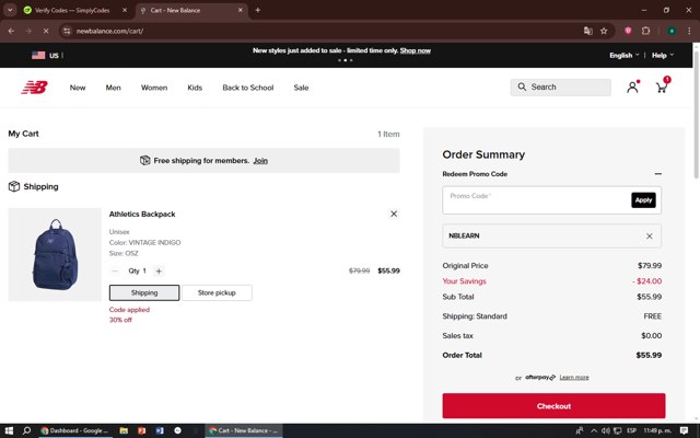 New Balance checkout page showing New Balance promo code box | Screenshot taken by SimplyCodes community member on Aug 5, 2025