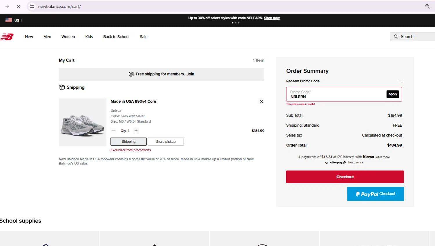 New Balance promo code screenshot showing code NBLERN applied at New Balance checkout page. Uploaded by SimplyCodes community member Samu10 on Aug 2, 2025