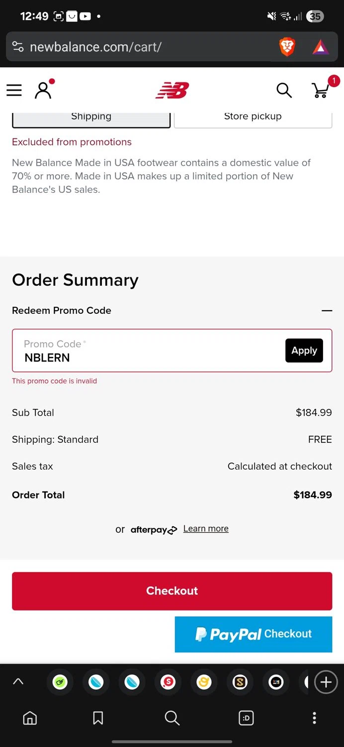New Balance promo code screenshot showing code NBLERN applied at New Balance checkout page. Uploaded by SimplyCodes community member myke_suave on Aug 2, 2025