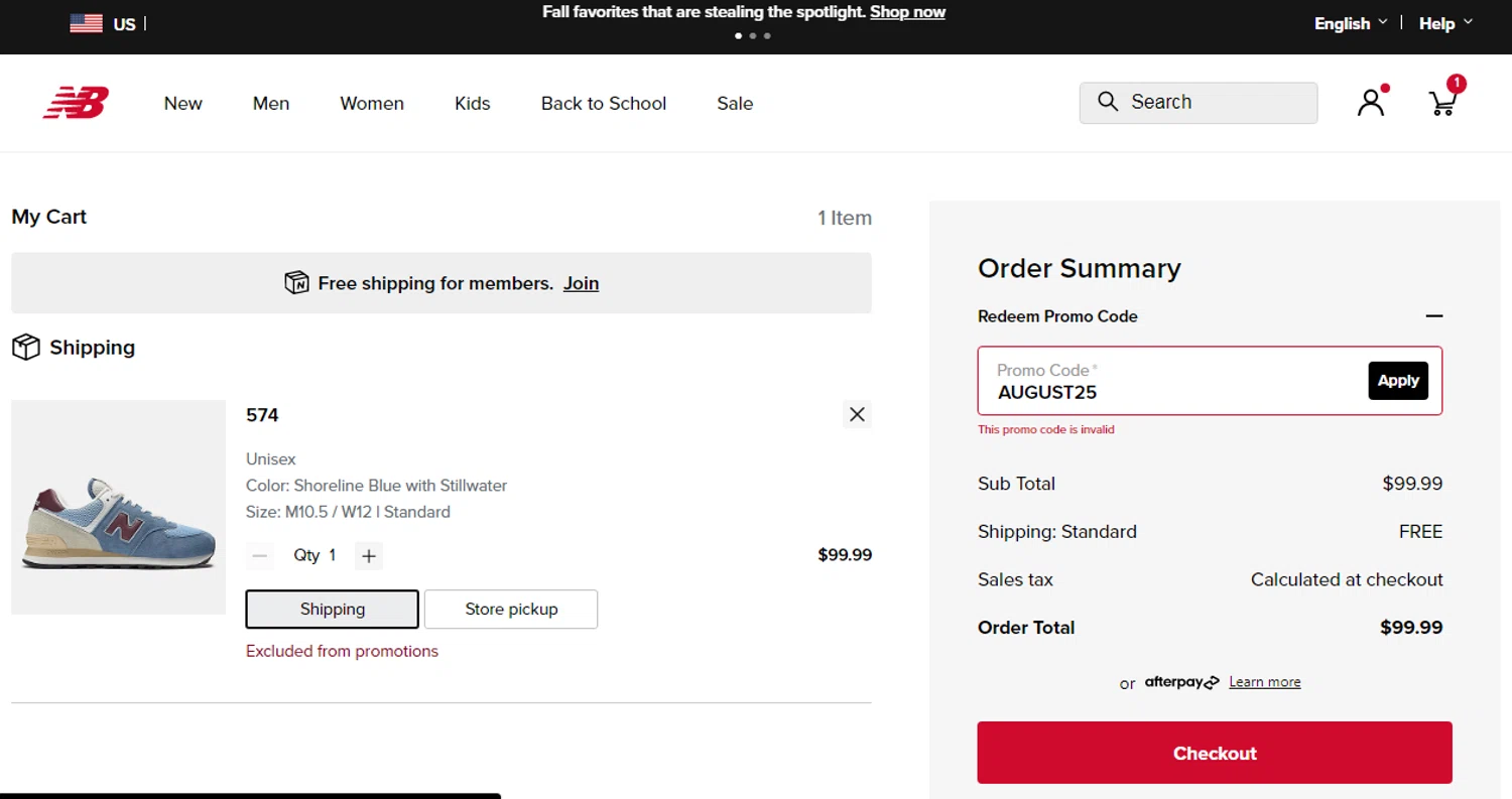 New Balance promo code screenshot showing code AUGUST25 applied at New Balance checkout page. Uploaded by SimplyCodes community member SmartSaver7916 on Aug 26, 2025