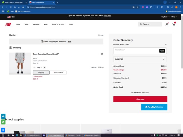 New Balance checkout page showing New Balance promo code box | Screenshot taken by SimplyCodes community member on Aug 22, 2025