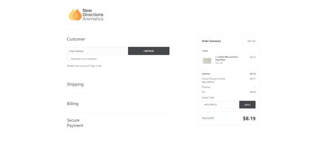 New Directions Aromatics checkout page showing New Directions Aromatics coupon code box | Screenshot taken by SimplyCodes community member on Jul 15, 2025