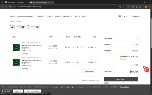 New Directions Aromatics checkout page showing New Directions Aromatics coupon code box | Screenshot taken by SimplyCodes community member on Apr 9, 2025
