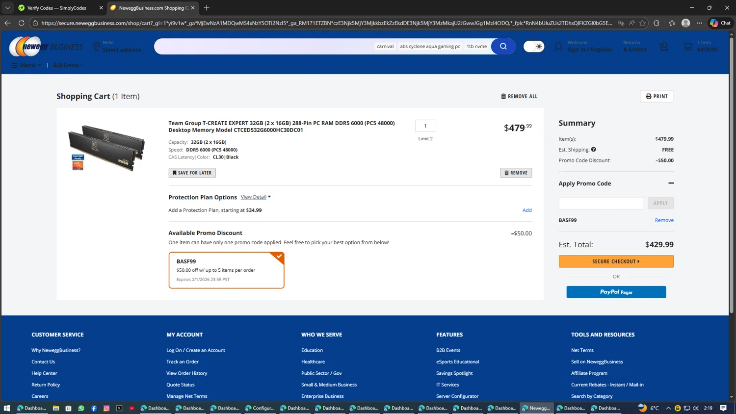 Newegg Business promo code screenshot showing code BASF99 applied at Newegg Business checkout page. Uploaded by SimplyCodes community member SAKURA on Feb 1, 2026