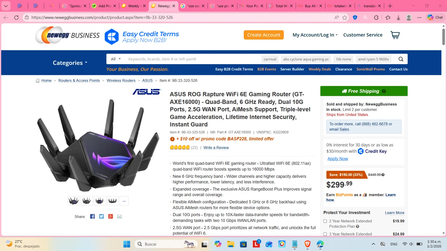 Newegg Business promo code screenshot showing code BASF228 applied at Newegg Business checkout page. Uploaded by SimplyCodes community member cosita on Feb 1, 2026