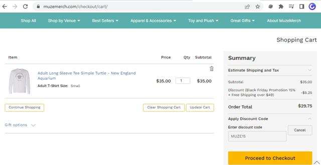 New England Aquarium checkout page showing New England Aquarium promo code box | Screenshot taken by SimplyCodes community member on Nov 26, 2022