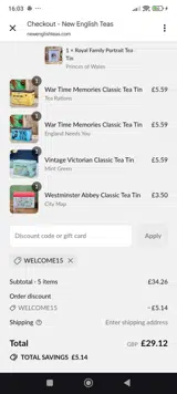 Welcome15 coupon verification screenshot