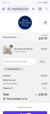 Welcome15 coupon verification screenshot
