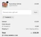 THANKS15 coupon verification screenshot
