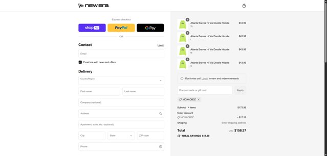 New Era Cap checkout page showing New Era Cap discount code box | Screenshot taken by SimplyCodes community member on Aug 13, 2025