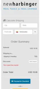 New Harbinger coupon verification screenshot