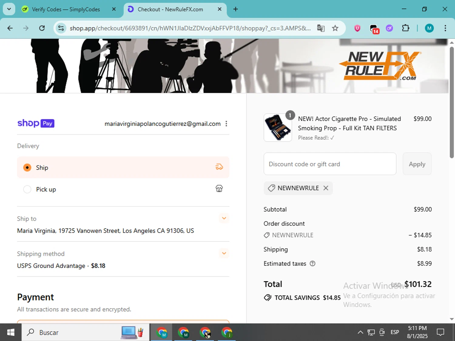 NewRuleFX.com discount code screenshot showing code NEWNEWRULE applied at NewRuleFX.com checkout page. Uploaded by SimplyCodes community member estrellaveloz on Aug 1, 2025