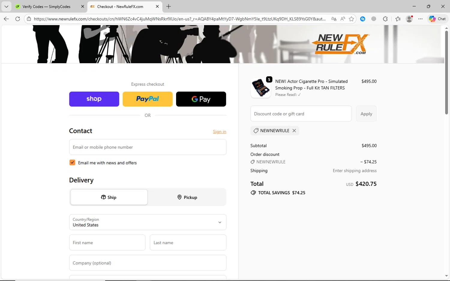 NewRuleFX.com discount code screenshot showing code NEWNEWRULE applied at NewRuleFX.com checkout page. Uploaded by SimplyCodes community member jhoanDepp on Dec 18, 2025