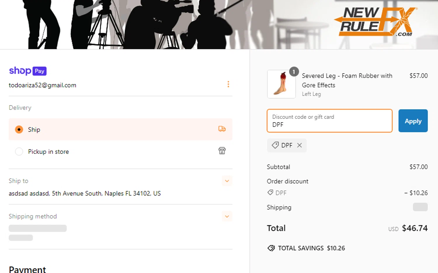 NewRuleFX.com discount code screenshot showing code DPF applied at NewRuleFX.com checkout page. Uploaded by SimplyCodes community member Gabrielo2000 on Feb 20, 2025
