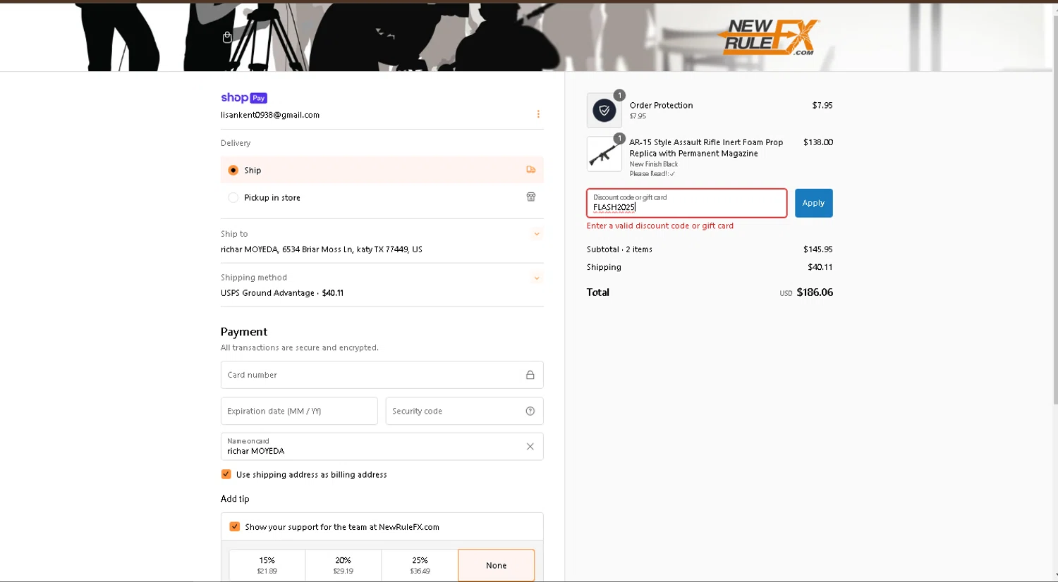 NewRuleFX.com discount code screenshot showing code FLASH2025 applied at NewRuleFX.com checkout page. Uploaded by SimplyCodes community member drevin007 on Feb 1, 2025