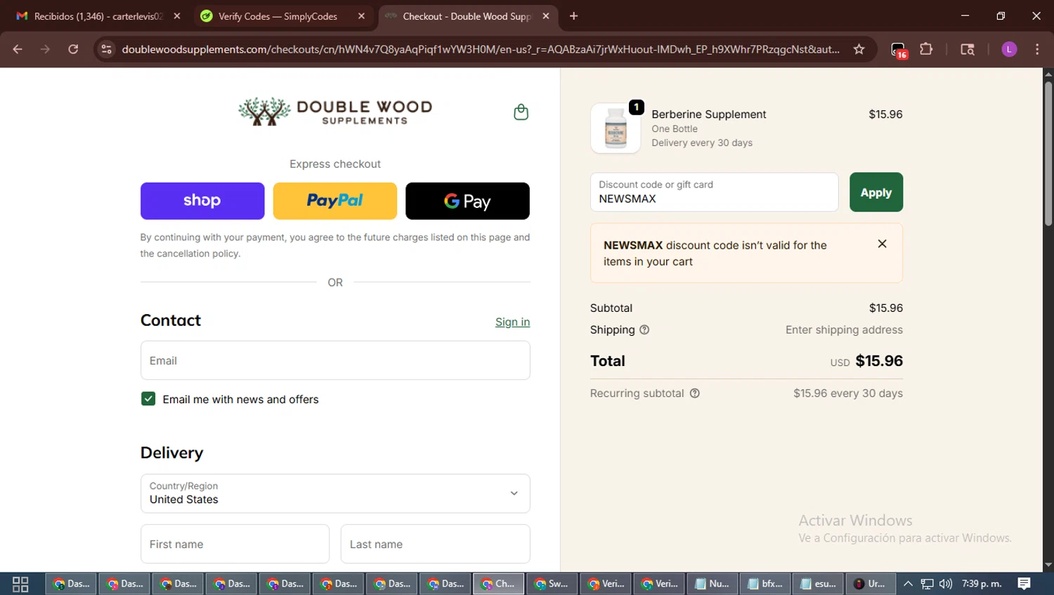 Newsmax checkout page showing Newsmax promo code box | Screenshot taken by SimplyCodes community member on Nov 4, 2025