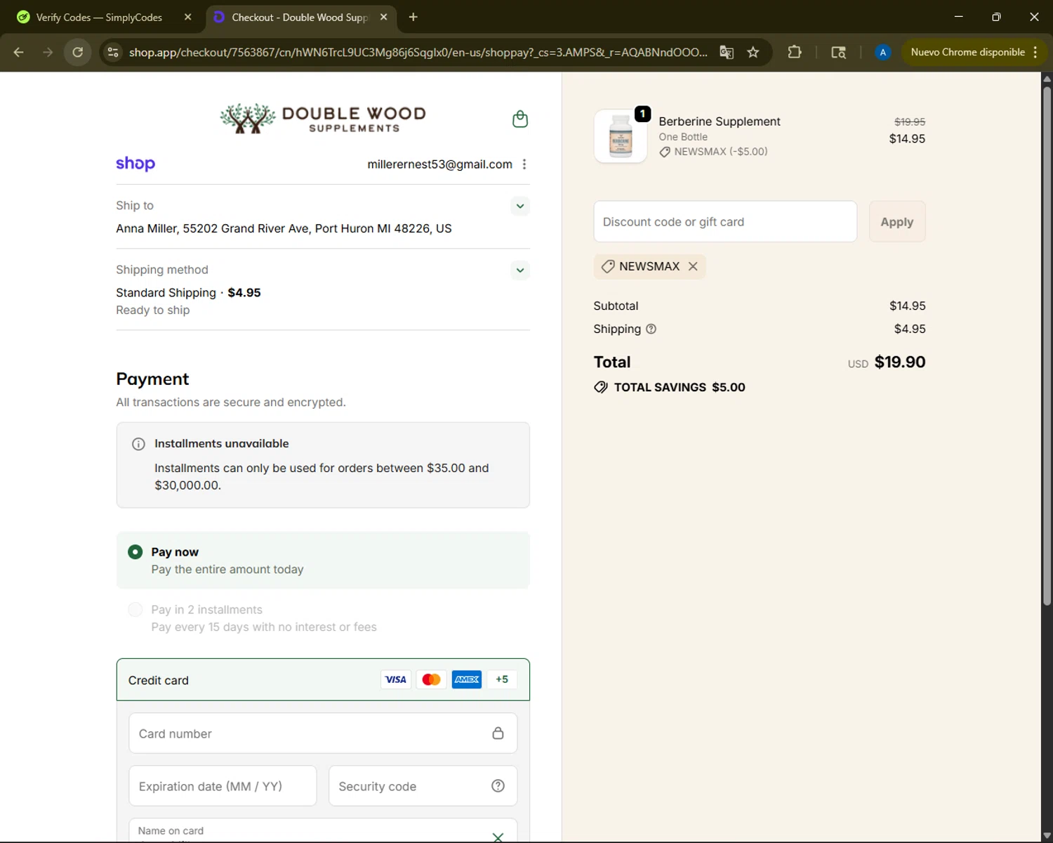 Newsmax checkout page showing Newsmax promo code box | Screenshot taken by SimplyCodes community member on Dec 16, 2025
