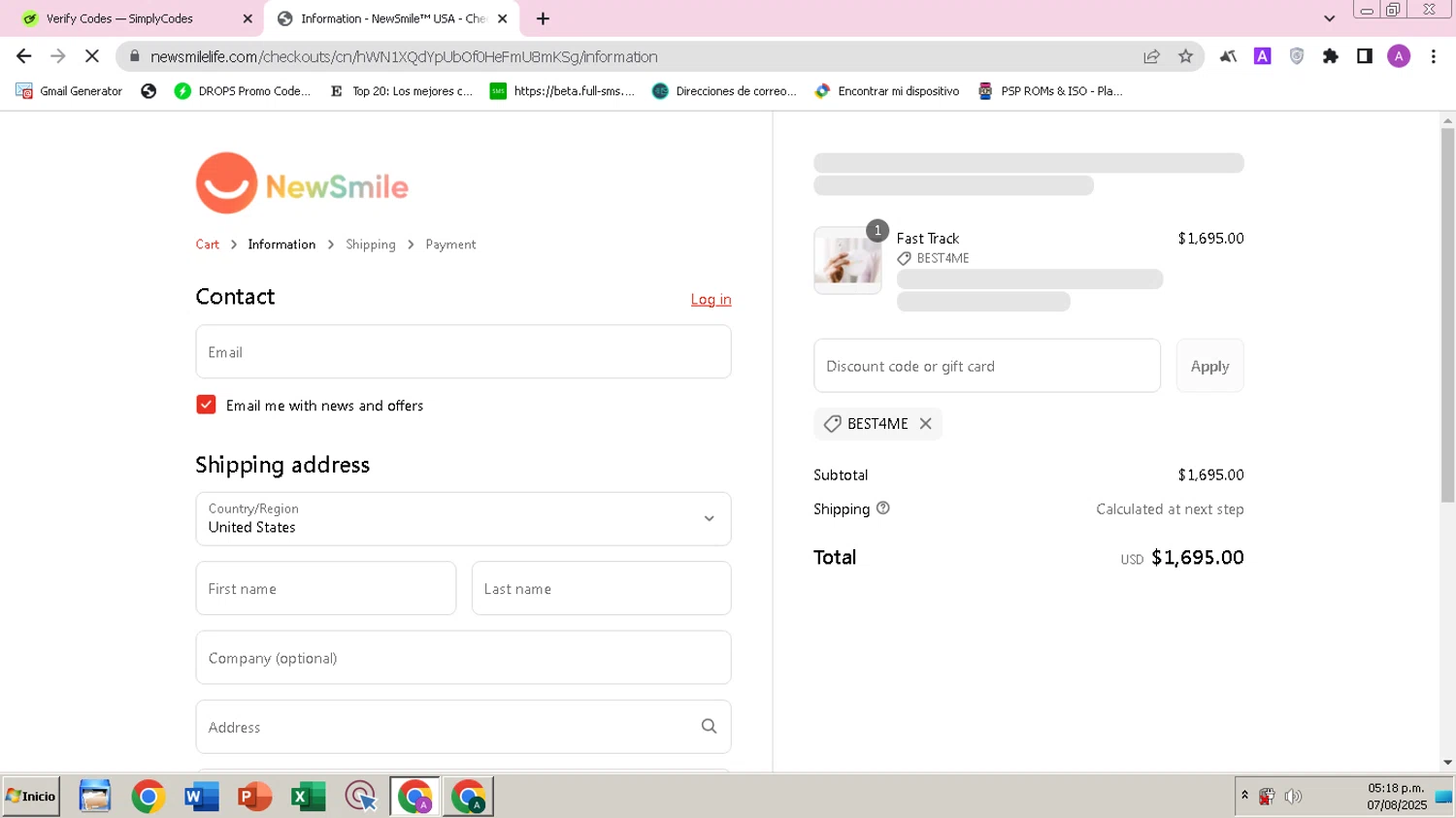 NewSmile discount code screenshot showing code BEST4ME applied at NewSmile checkout page. Uploaded by SimplyCodes community member ARCANGEL on Aug 7, 2025