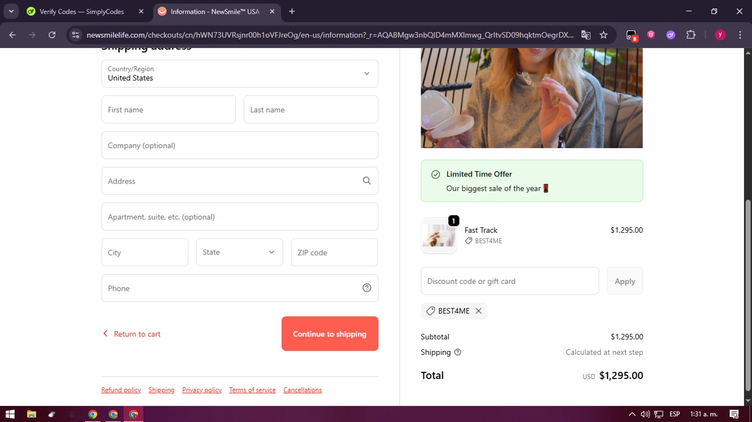 NewSmile discount code screenshot showing code BEST4ME applied at NewSmile checkout page. Uploaded by SimplyCodes community member ValiantFox2134 on Dec 31, 2025