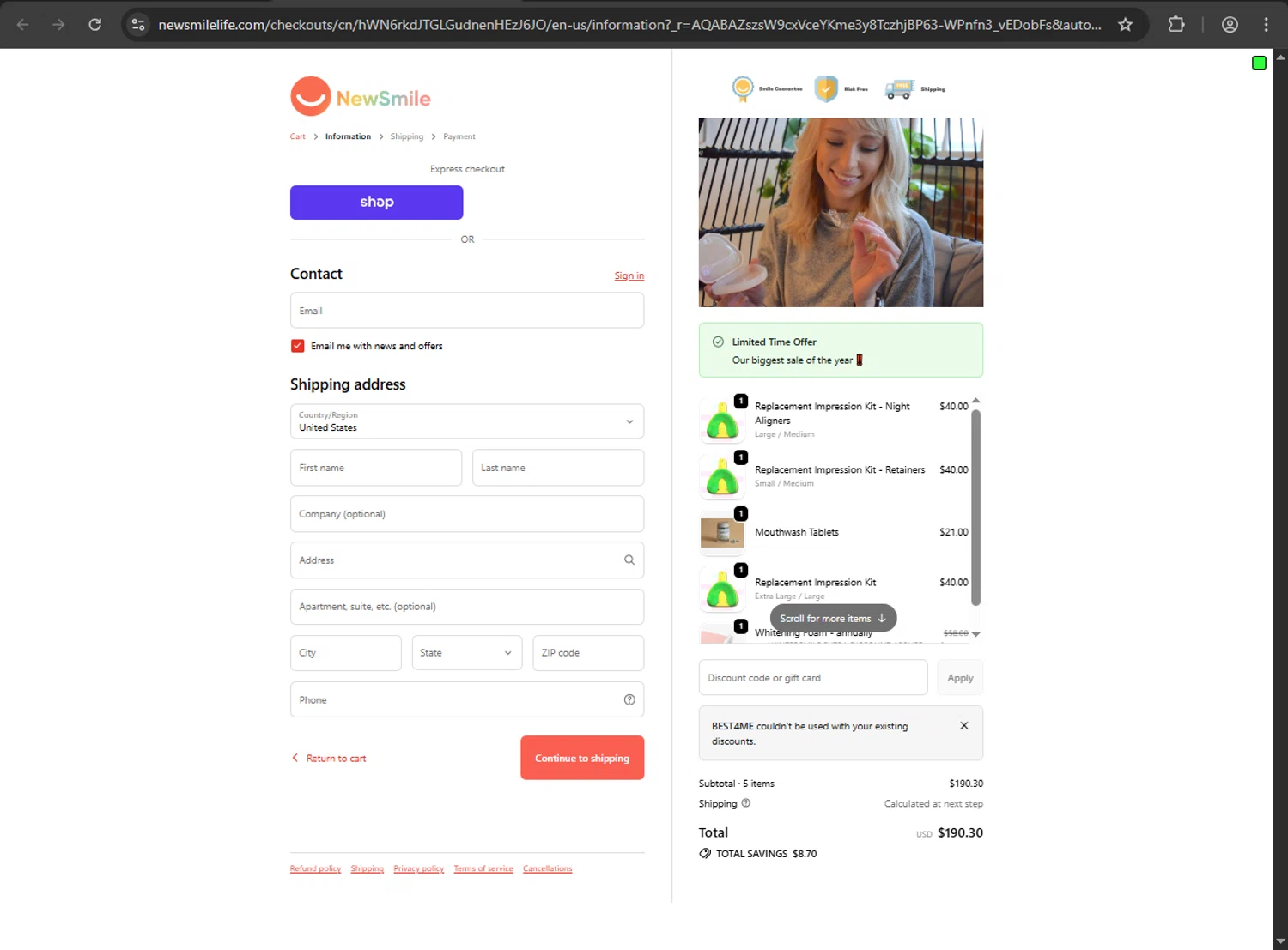NewSmile discount code screenshot showing code BEST4ME applied at NewSmile checkout page. Uploaded by SimplyCodes community member zzzzzzza on Dec 26, 2025