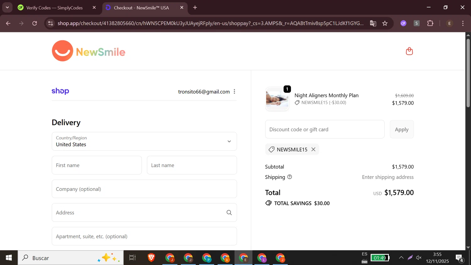 NewSmile discount code screenshot showing code NEWSMILE15 applied at NewSmile checkout page. Uploaded by SimplyCodes community member elizabethjames on Nov 12, 2025