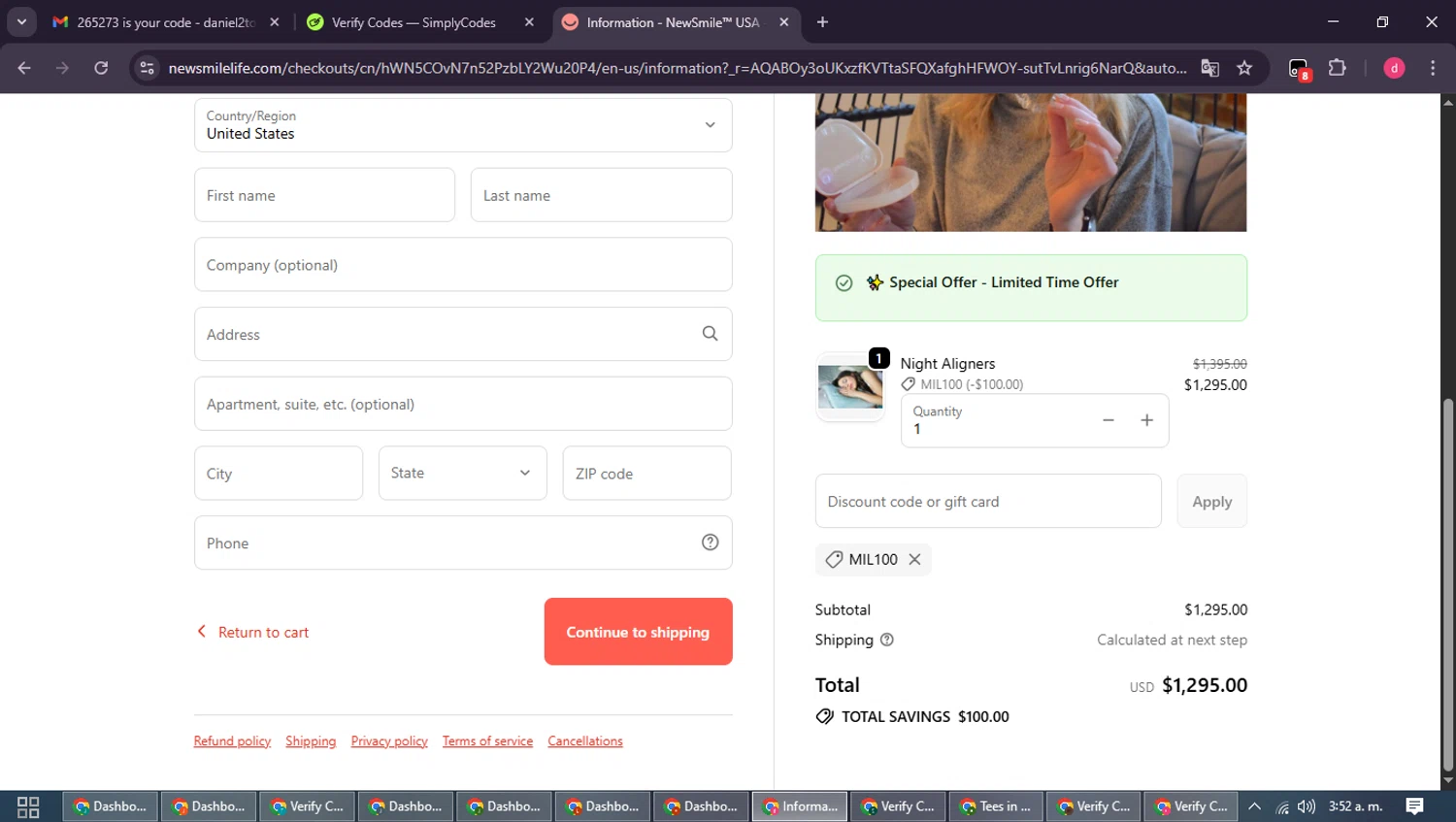 NewSmile discount code screenshot showing code MIL100 applied at NewSmile checkout page. Uploaded by SimplyCodes community member MagnificentSpotter4236 on Nov 12, 2025