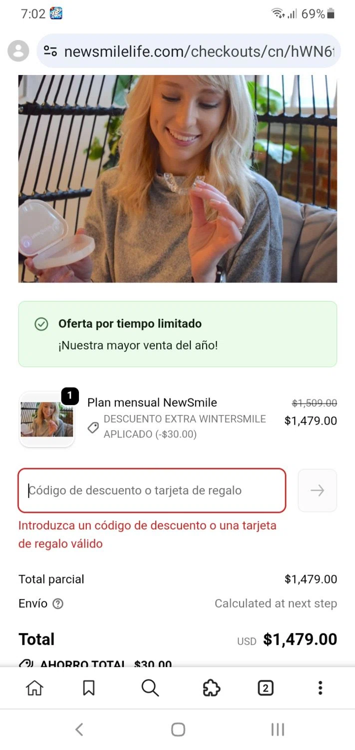 NewSmile discount code screenshot showing code WINTERSMILE applied at NewSmile checkout page. Uploaded by SimplyCodes community member Menotii23 on Dec 20, 2025