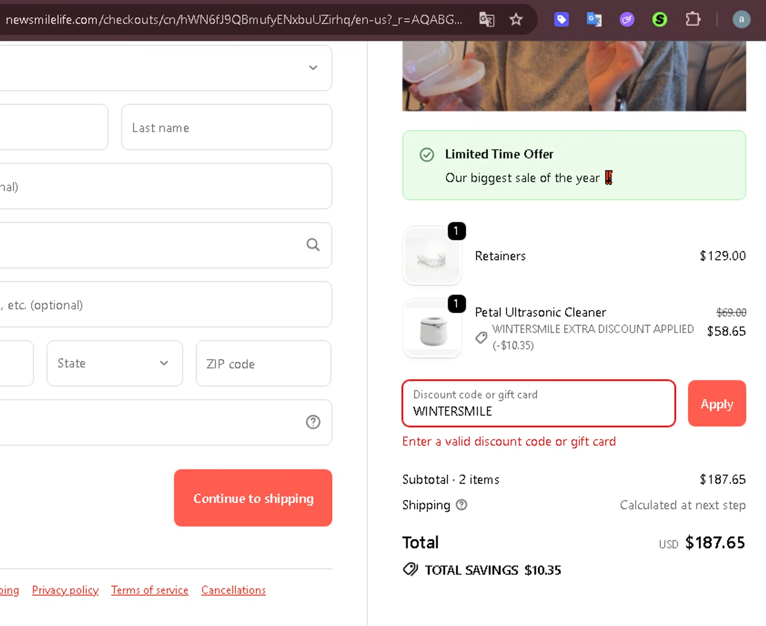 NewSmile discount code screenshot showing code WINTERSMILE applied at NewSmile checkout page. Uploaded by SimplyCodes community member carmenamandabritoser on Dec 20, 2025