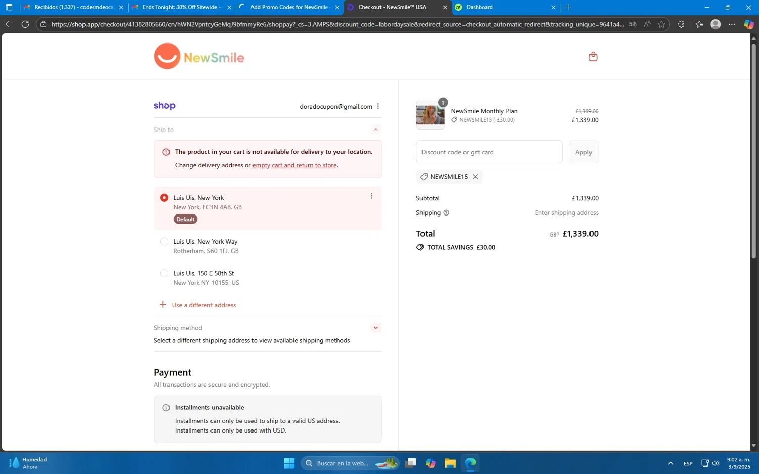 NewSmile discount code screenshot showing code NEWSMILE15 applied at NewSmile checkout page. Uploaded by SimplyCodes community member Mdeoca on Sep 3, 2025