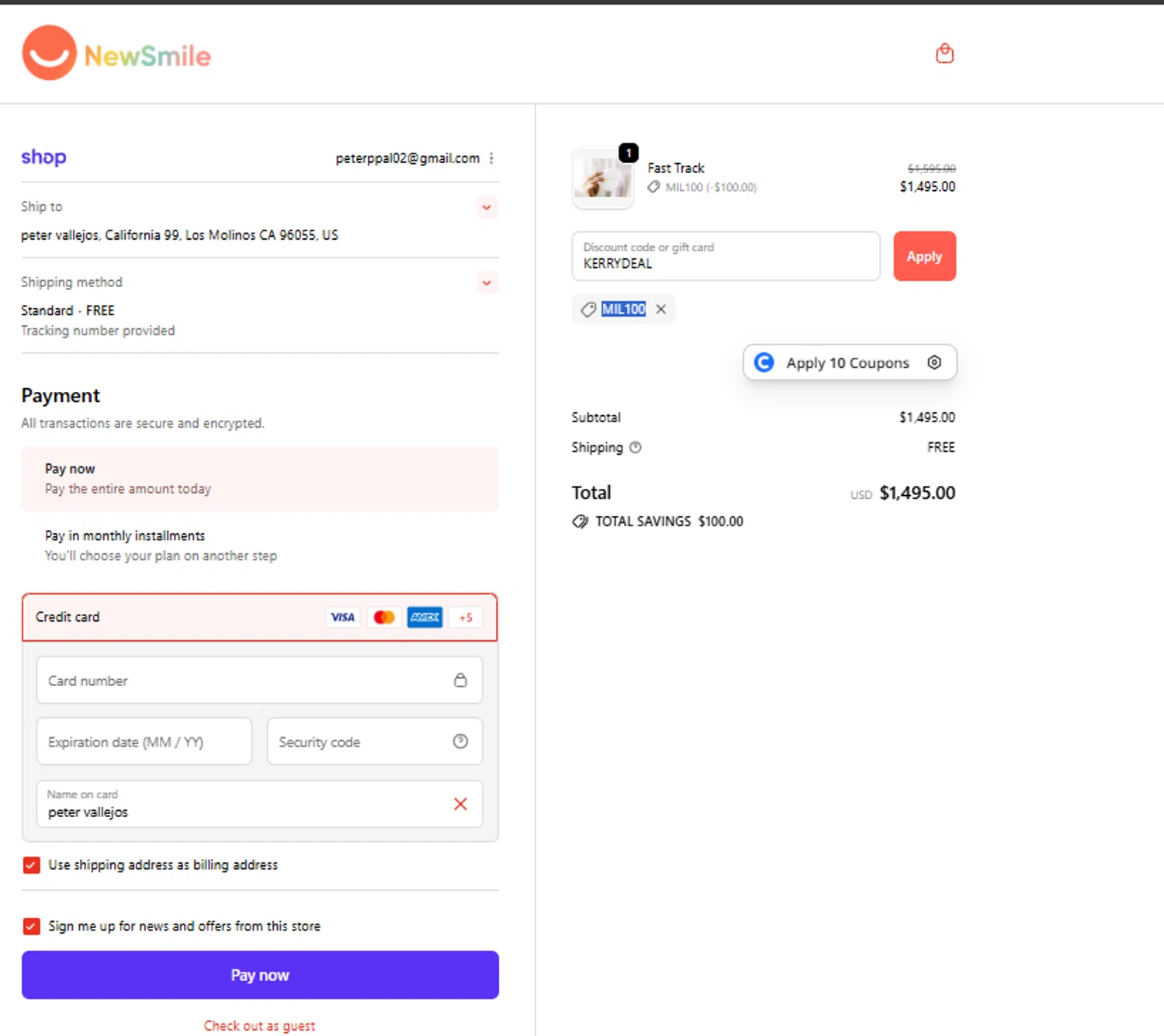 NewSmile discount code screenshot showing code MIL100 applied at NewSmile checkout page. Uploaded by SimplyCodes community member ricardoramirez1 on Sep 24, 2025