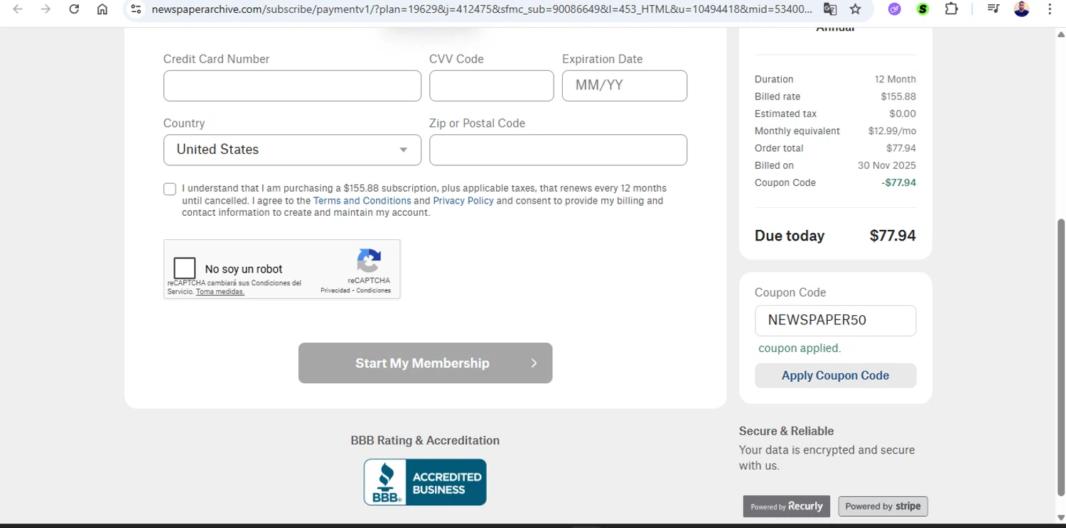 NewspaperArchive coupon code screenshot showing code NEWSPAPER50 applied at NewspaperArchive checkout page. Uploaded by SimplyCodes community member joseg151520 on Nov 30, 2025