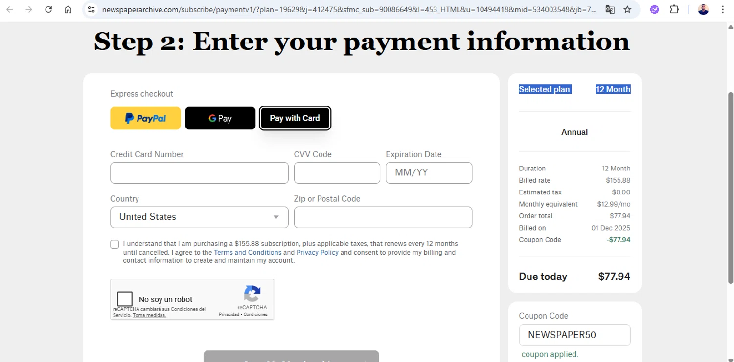 NewspaperArchive coupon code screenshot showing code NEWSPAPER50 applied at NewspaperArchive checkout page. Uploaded by SimplyCodes community member joseg151520 on Dec 1, 2025