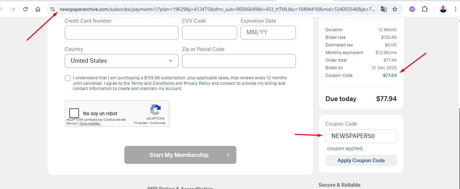 NewspaperArchive coupon code screenshot showing code NEWSPAPER50 applied at NewspaperArchive checkout page. Uploaded by SimplyCodes community member joseg151520 on Dec 1, 2025