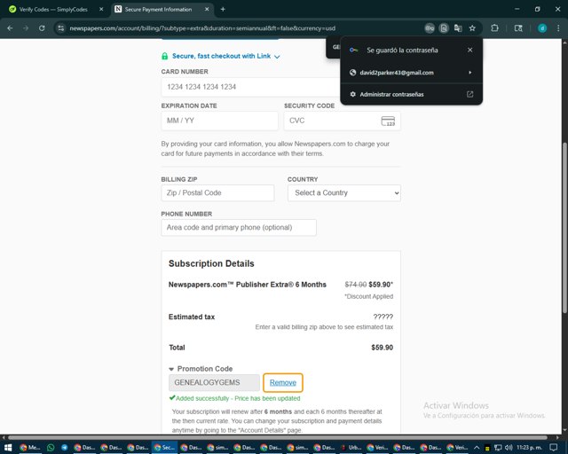 Newspapers.com checkout page showing Newspapers.com promo code box | Screenshot taken by SimplyCodes community member on Aug 27, 2025