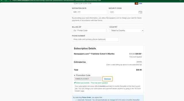 Newspapers.com checkout page showing Newspapers.com promo code box | Screenshot taken by SimplyCodes community member on Aug 27, 2025