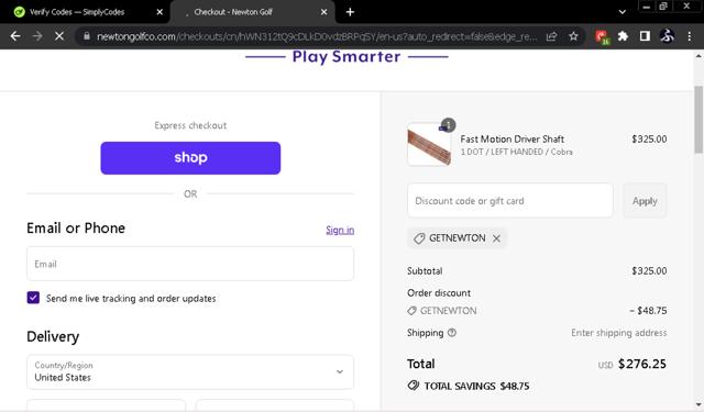 Newton Golf checkout page showing Newton Golf discount code box | Screenshot taken by SimplyCodes community member on Sep 15, 2025