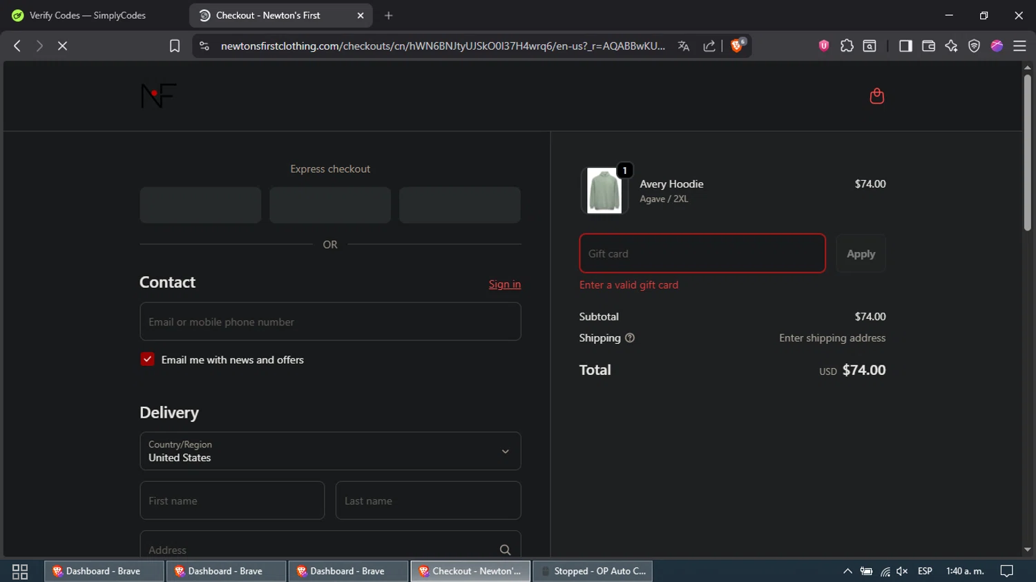Newton's First promo code screenshot showing code EXTRA20 applied at Newton's First checkout page. Uploaded by SimplyCodes community member Waynesmith on Dec 8, 2025