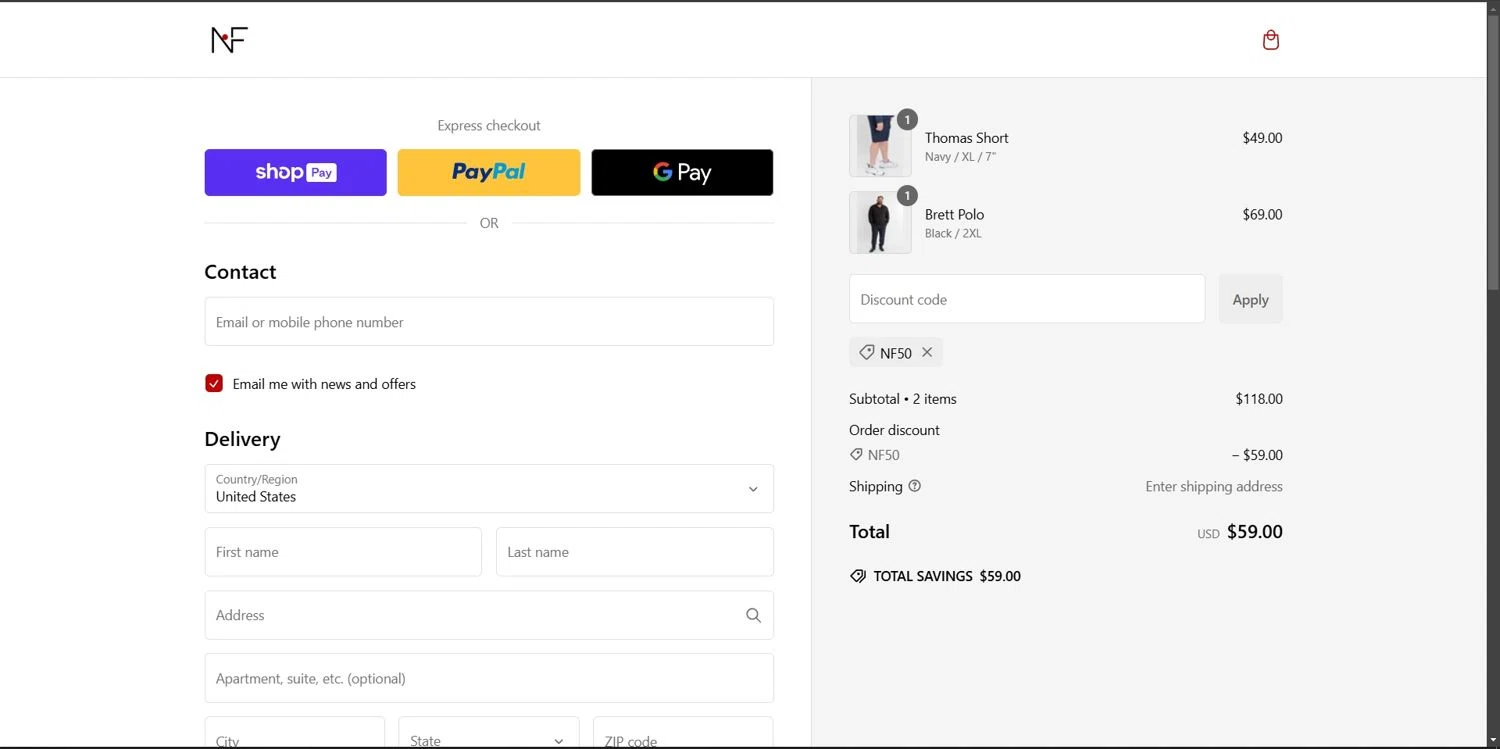 Newton's First promo code screenshot showing code NF50 applied at Newton's First checkout page. Uploaded by SimplyCodes community member Depressive on Jan 22, 2025