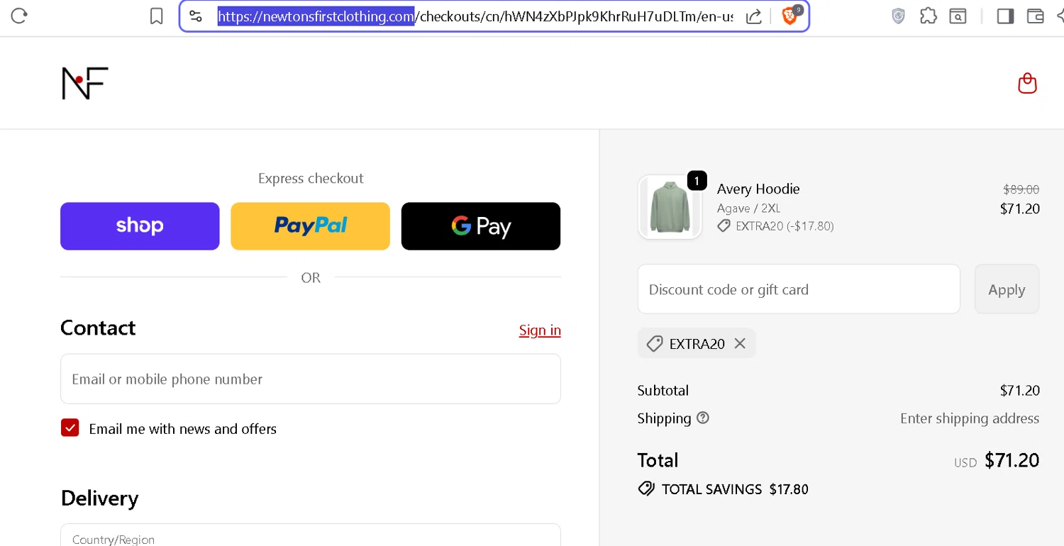 Newton's First promo code screenshot showing code EXTRA20 applied at Newton's First checkout page. Uploaded by SimplyCodes community member Logoteam on Nov 6, 2025
