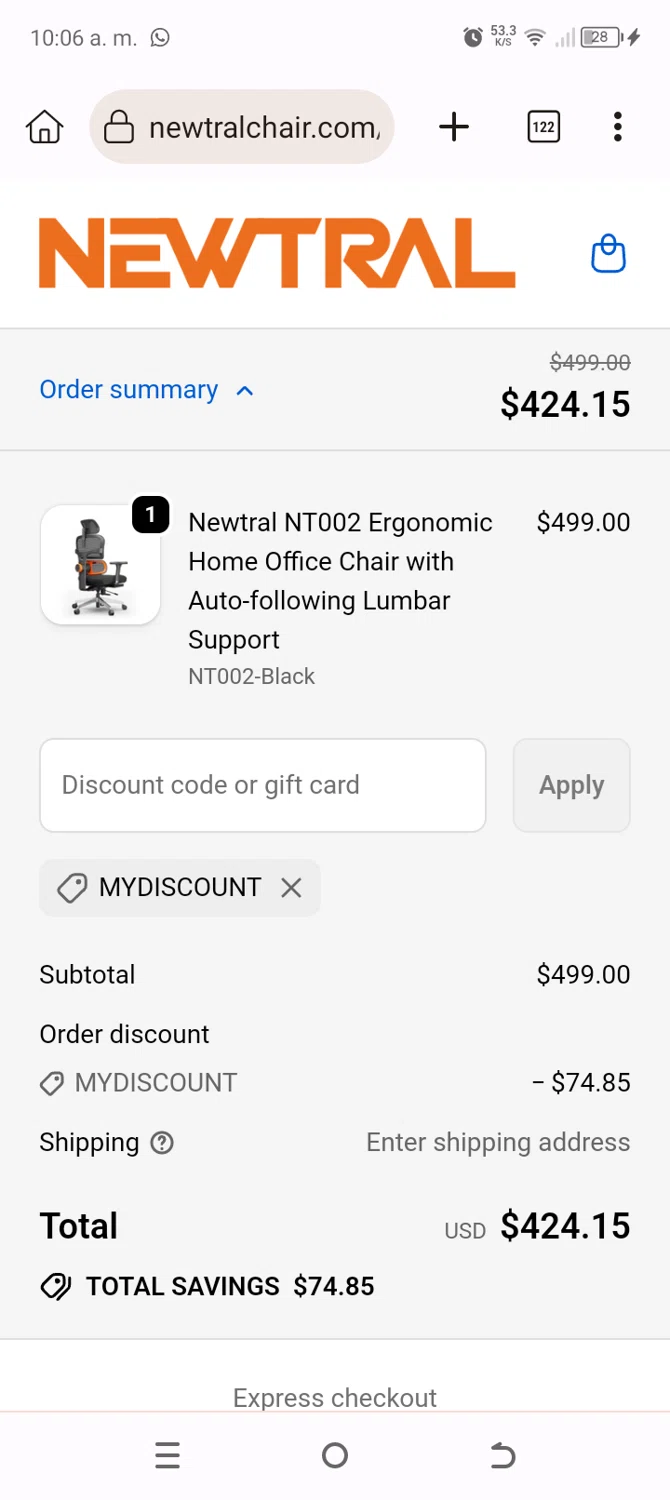 Newtral Official promo code screenshot showing code MyDiscount applied at Newtral Official checkout page. Uploaded by SimplyCodes community member BonusChaser4306 on Sep 29, 2025