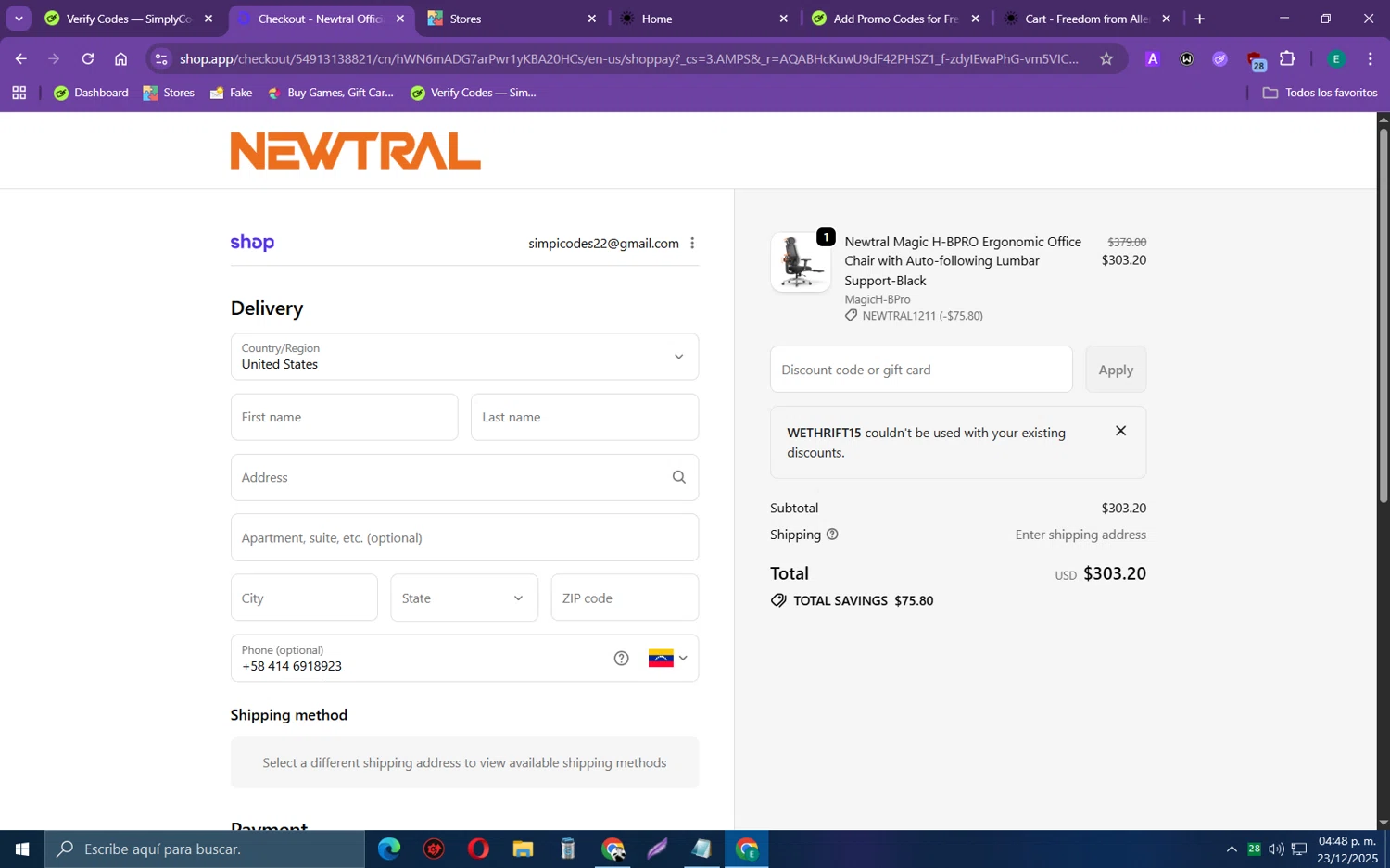 Newtral Official promo code screenshot showing code WETHRIFT15 applied at Newtral Official checkout page. Uploaded by SimplyCodes community member RebateScholar429 on Dec 23, 2025