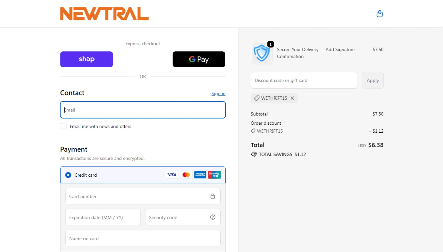 Newtral Official promo code screenshot showing code WETHRIFT15 applied at Newtral Official checkout page. Uploaded by SimplyCodes community member oliveririarte on Nov 20, 2025